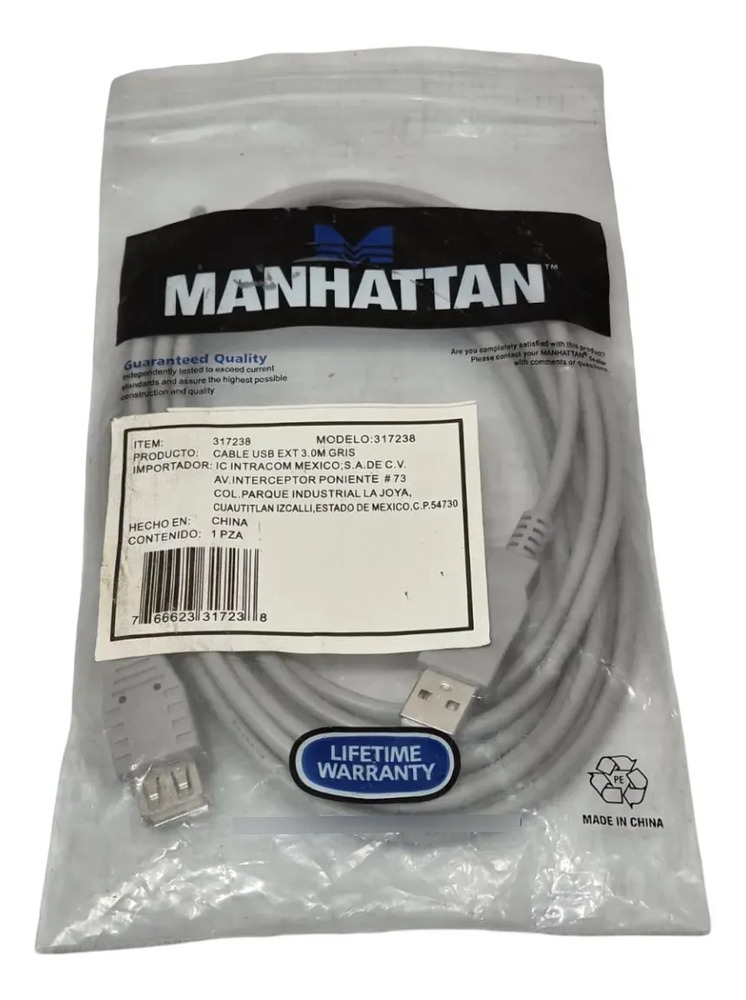 Cable Usb Extension 3 Mtrs Manhattan 317238 Color Gris Claro Gris